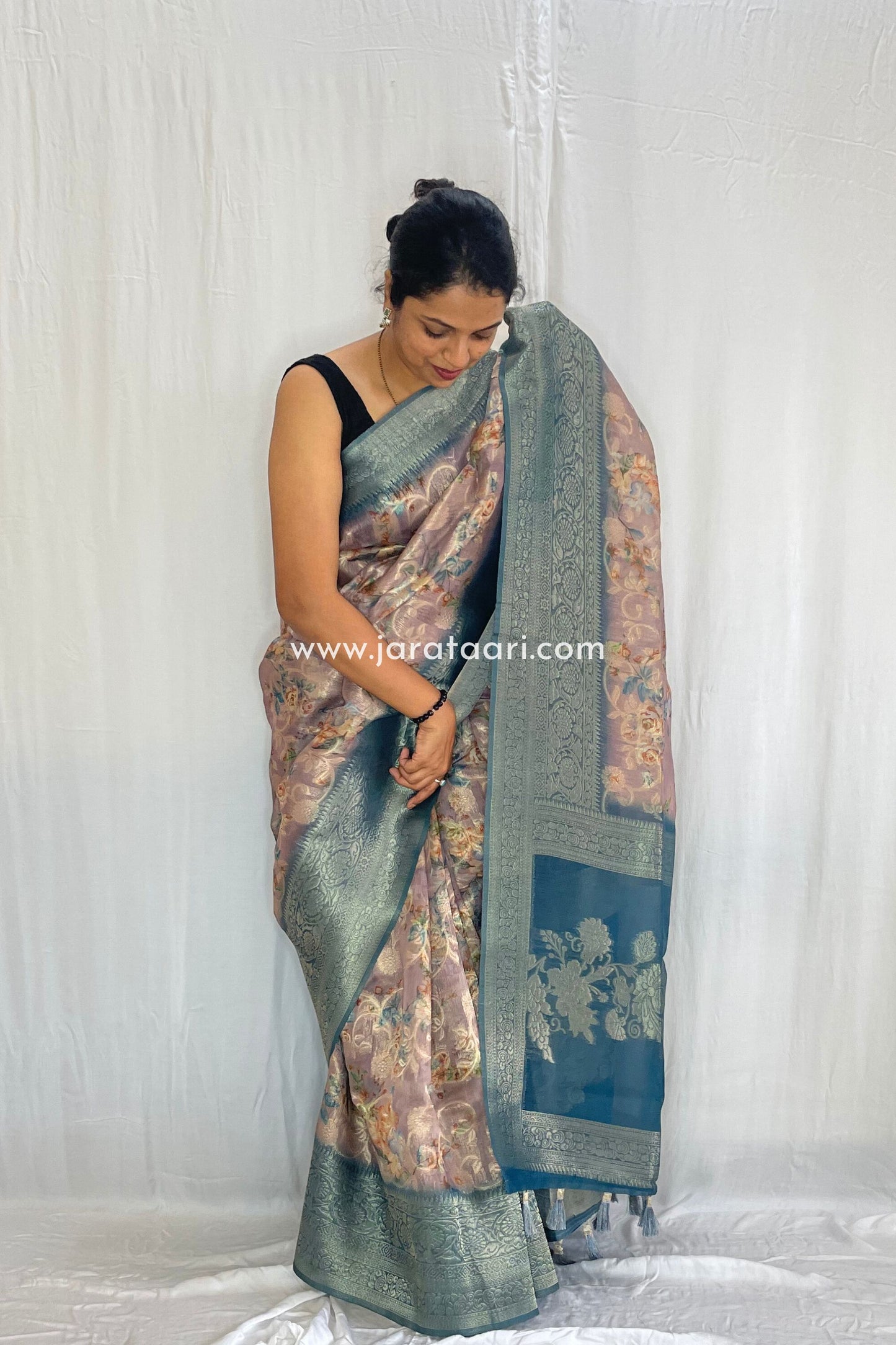 Beige Pink Teal Navya Saree