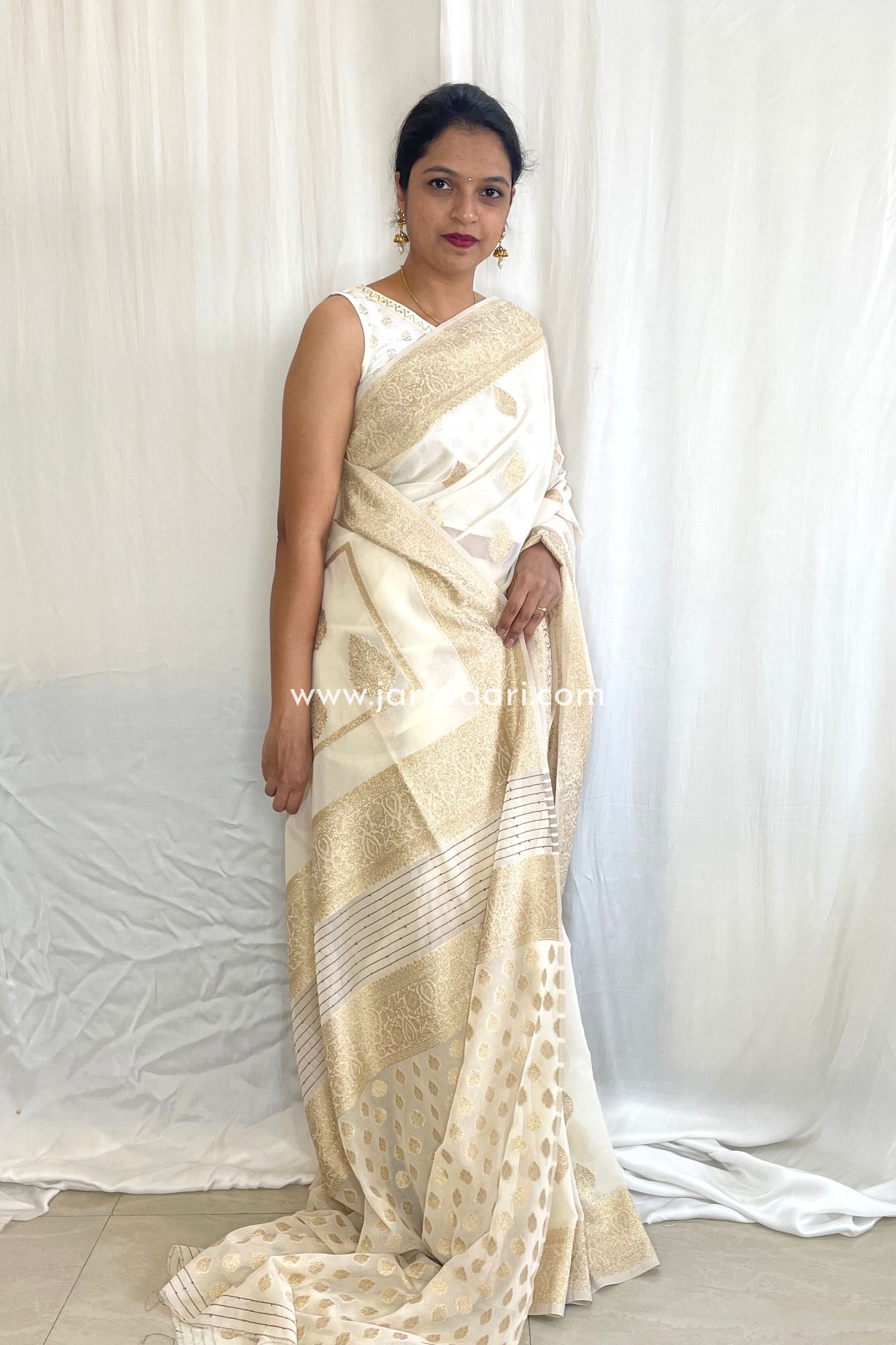 Pure Georgette Banarasi Saree - Silver Zari – The Crafts Banaras