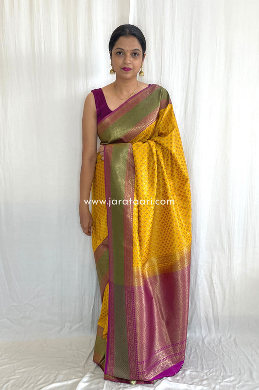 Yellow Handloom Semi Katan Silk Banarasi Saree - Sitaara | Jarataari
